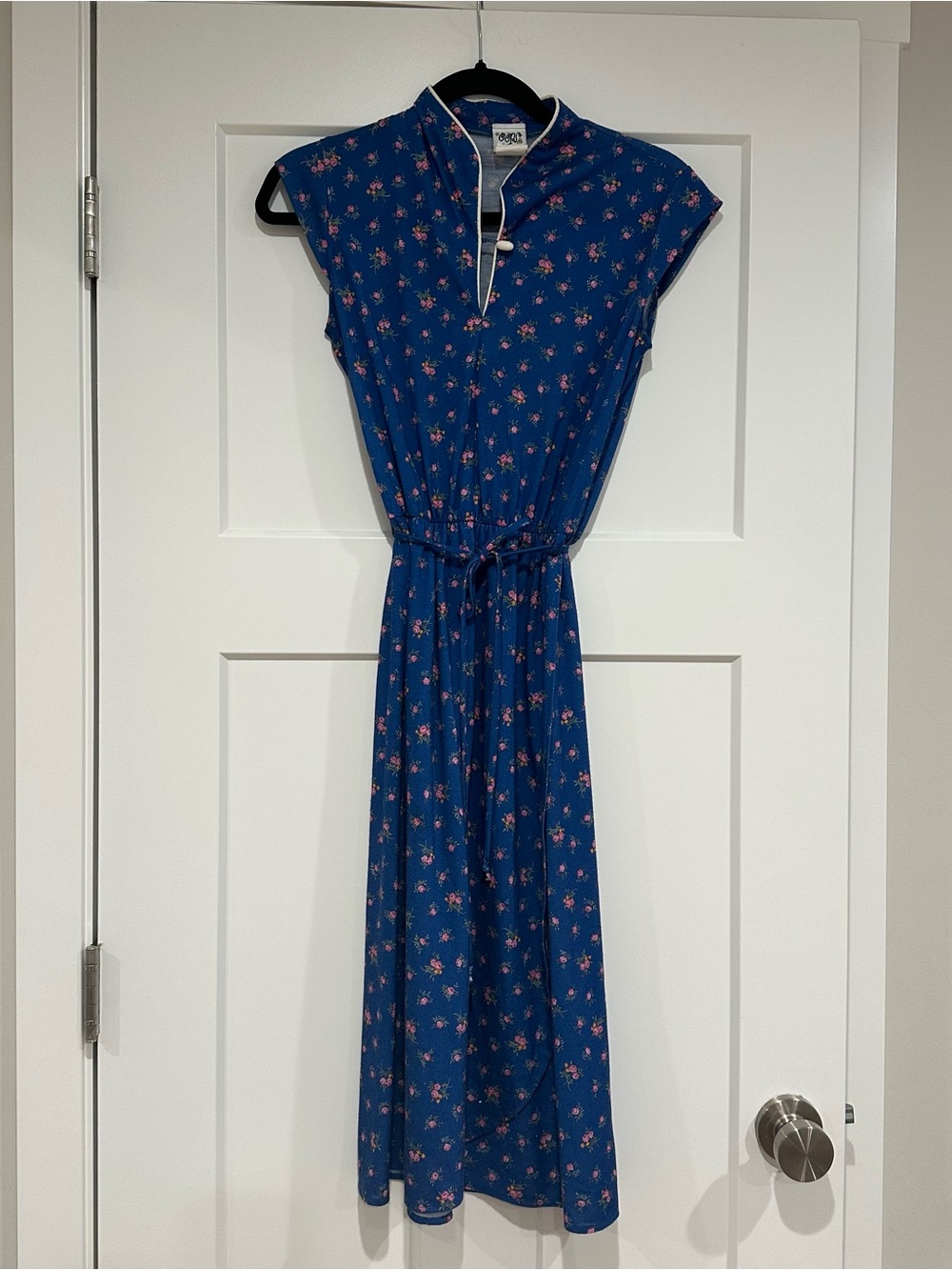 Vintage 70’s Oops California Blue Floral Cap-Sleeve Mandarin Collar Dress S 5/6